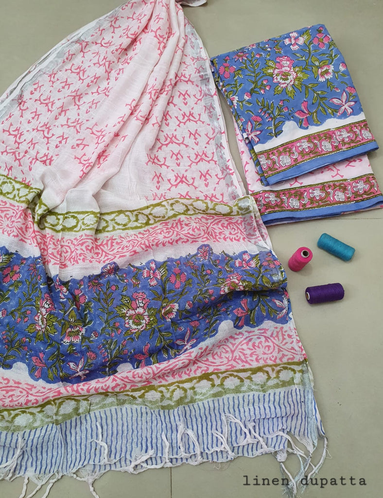 Floral Design Block Printed Cotton Linen Ethnic Salwar Suit (Un Stitched) KNJ-WAP-42