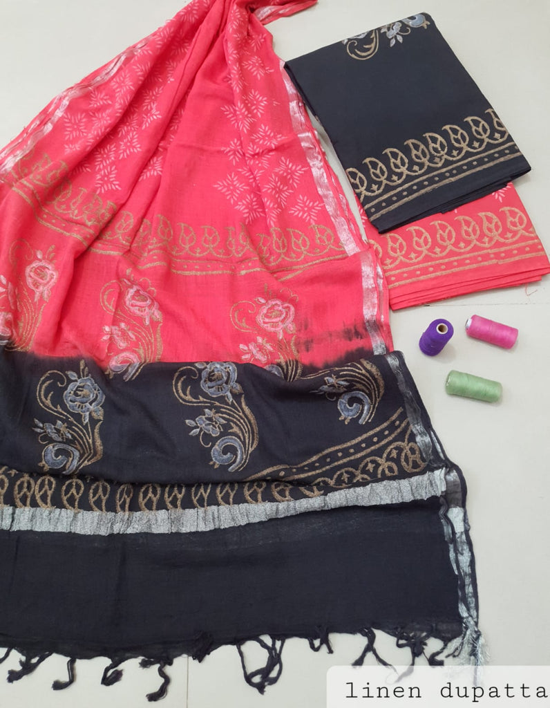 Floral Design Block Printed Cotton Linen Ethnic Salwar Suit (Un Stitched) KNJ-WAP-44
