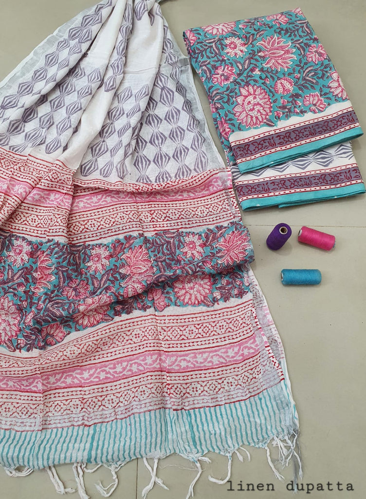 Floral Design Block Printed Cotton Linen Ethnic Salwar Suit (Un Stitched) KNJ-WAP-45