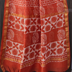 Orange n White, Maheshwari Silk Saree ,Hand Block Print, Abstract Design KNJ-WAP-67