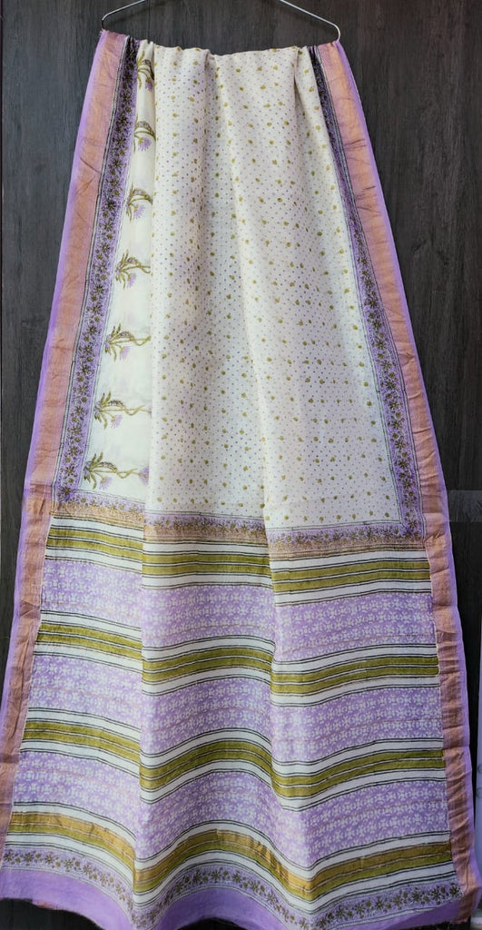 White n Purple, Maheshwari Silk Saree ,Hand Block Print, Abstract Design KNJ-WAP-69