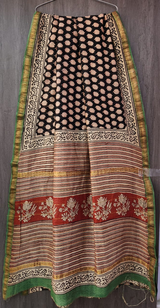 Red, Black n Green, Maheshwari Silk Saree ,Hand Block Print, Abstract Design KNJ-WAP-77