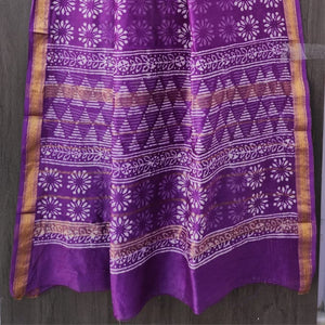 Purple n Gold, Maheshwari Silk Saree ,Hand Block Print, Abstract Design KNJ-WAP-78