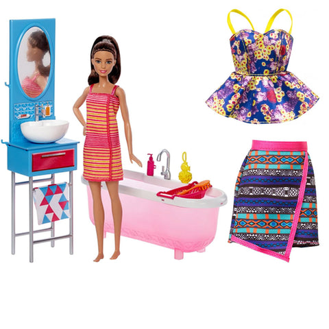 Combo Value Pack - Barbie Doll & Bathroom Playset DVX53 , Dress Fashion Top With Straps CFX73-CFX75  and  Striped Print Skirt CFX73-CFX86