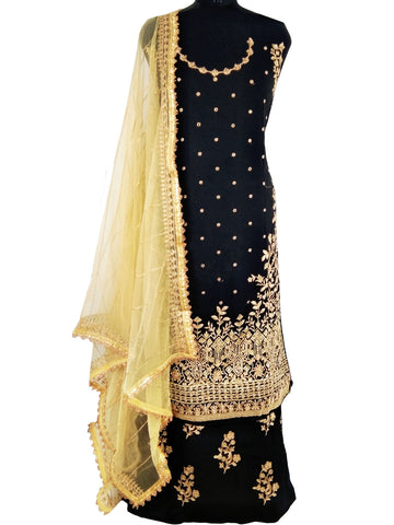 Black & Gold, Georgette , Embroidered Sharara Salwar Suit (Semi-Stitched) DNJ-WAP-11