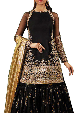 Black & Gold, Georgette , Embroidered Sharara Salwar Suit (Semi-Stitched)