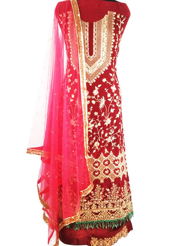Ruby Red, Georgette , Embroidered Sharara Salwar Suit (Semi-Stitched) DNJ-WAP-13