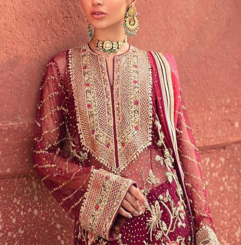 Ruby Red, Georgette , Embroidered Sharara Salwar Suit (Semi-Stitched)