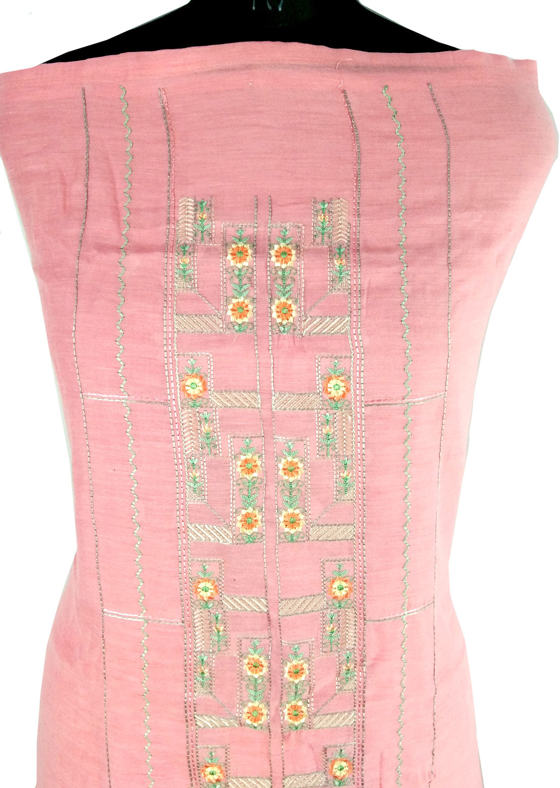 Pink & Green, Linen Silk, Embroidered Punjabi Salwar Suit (Semi-Stitched)