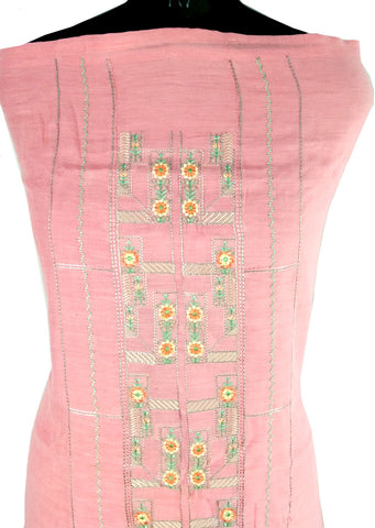 Pink & Green, Linen Silk, Embroidered Punjabi Salwar Suit (Semi-Stitched)