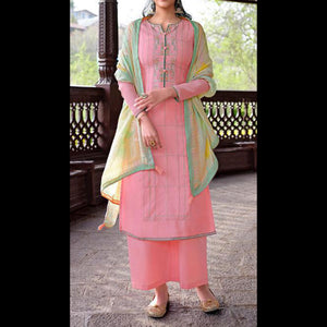 Pink & Green, Linen Silk, Embroidered Punjabi Salwar Suit (Semi-Stitched) DNJ-WAP-16
