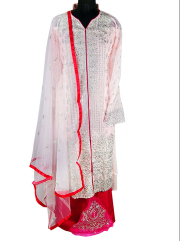 Pink and Silver Embroidered, Georgette Salwar Suit (Semi-Stitched )