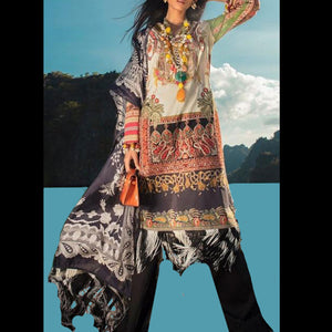 Black and Beige, Abstract Floral Printed Cotton Salwar Suit (Un-Stitched)