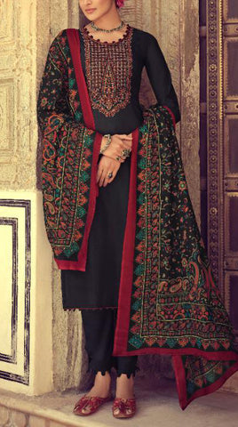 Black Jam Satin , Embroidered Salwar Suit (Un-Stitched)