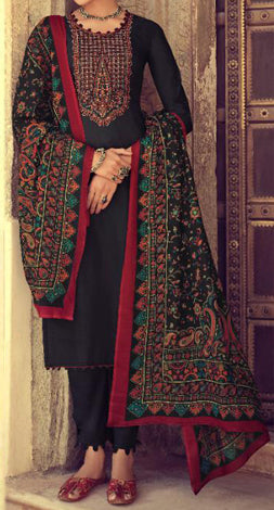 Black Jam Satin , Embroidered Salwar Suit (Un-Stitched)