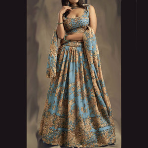 Sky Blue and Gold Floral , Georgette Lehenga Choli (Semi-Stitched ) DNJ-WAP-20