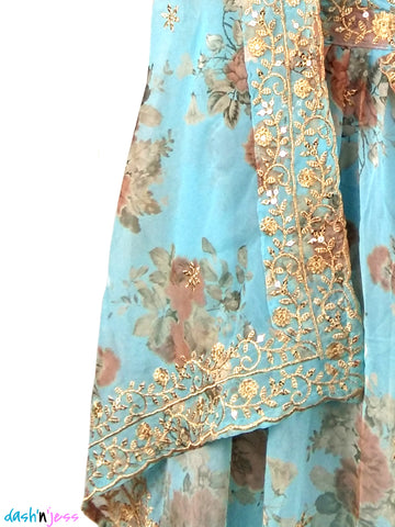 Sky Blue and Gold Floral , Georgette Lehenga Choli (Semi-Stitched ) DNJ-WAP-20