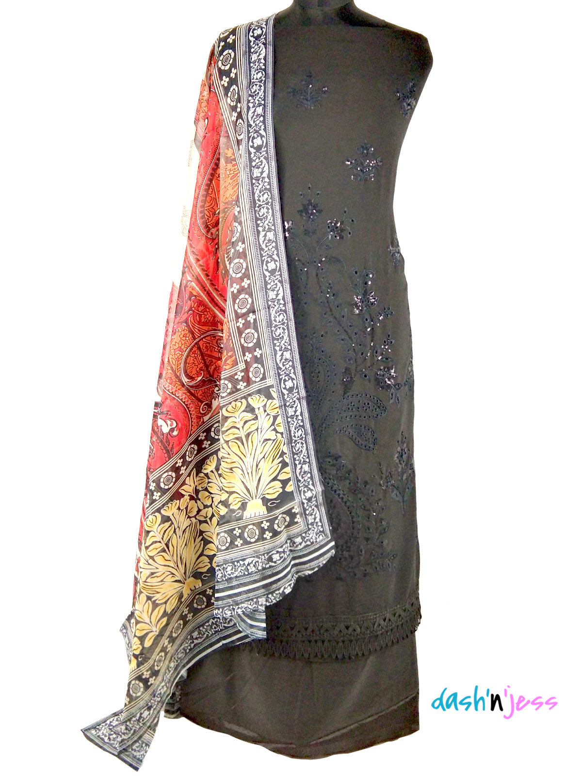 Black Embroidered Floral, Georgette Sleeveless Salwar Suit (Semi-Stitched )