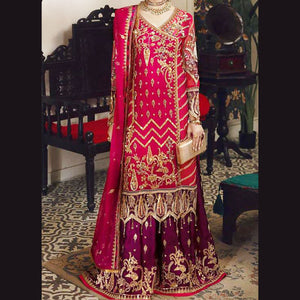 Bright Red and Maroon Embroidered Floral, Georgette Salwar Suit (Semi-Stitched ) DNJ-WAP-24