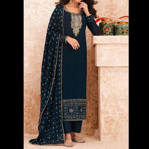 Turquoise Blue and Gold Embroidered, Georgette Salwar Suit (Semi-Stitched )
