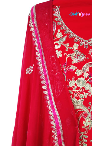 Bright Red and Maroon Embroidered Floral, Georgette Salwar Suit (Semi-Stitched )