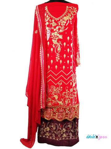 Bright Red and Maroon Embroidered Floral, Georgette Salwar Suit (Semi-Stitched )