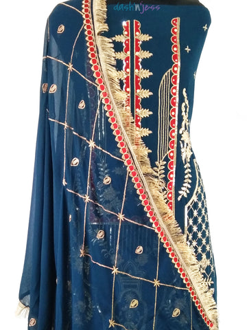 Teal Blue and Gold Embroidered Floral, Georgette Salwar Suit (Semi-Stitched )