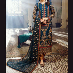 Teal Blue and Gold Embroidered Floral, Georgette Salwar Suit (Semi-Stitched )