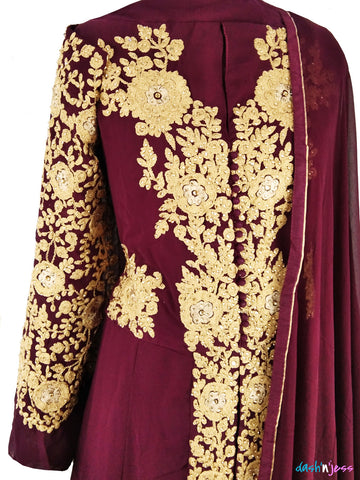 Maroon and Gold Embroidered Floral, Silk Anarkali Salwar Suit (Semi-Stitched ) DNJ-WAP-27