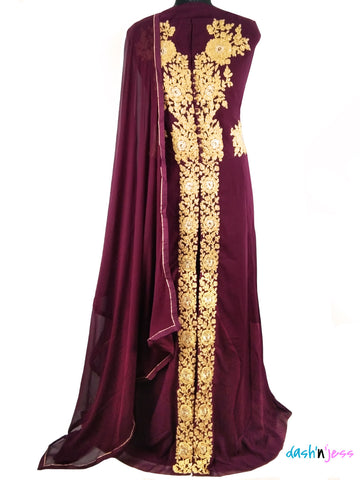 Maroon and Gold Embroidered Floral, Silk Anarkali Salwar Suit (Semi-Stitched )