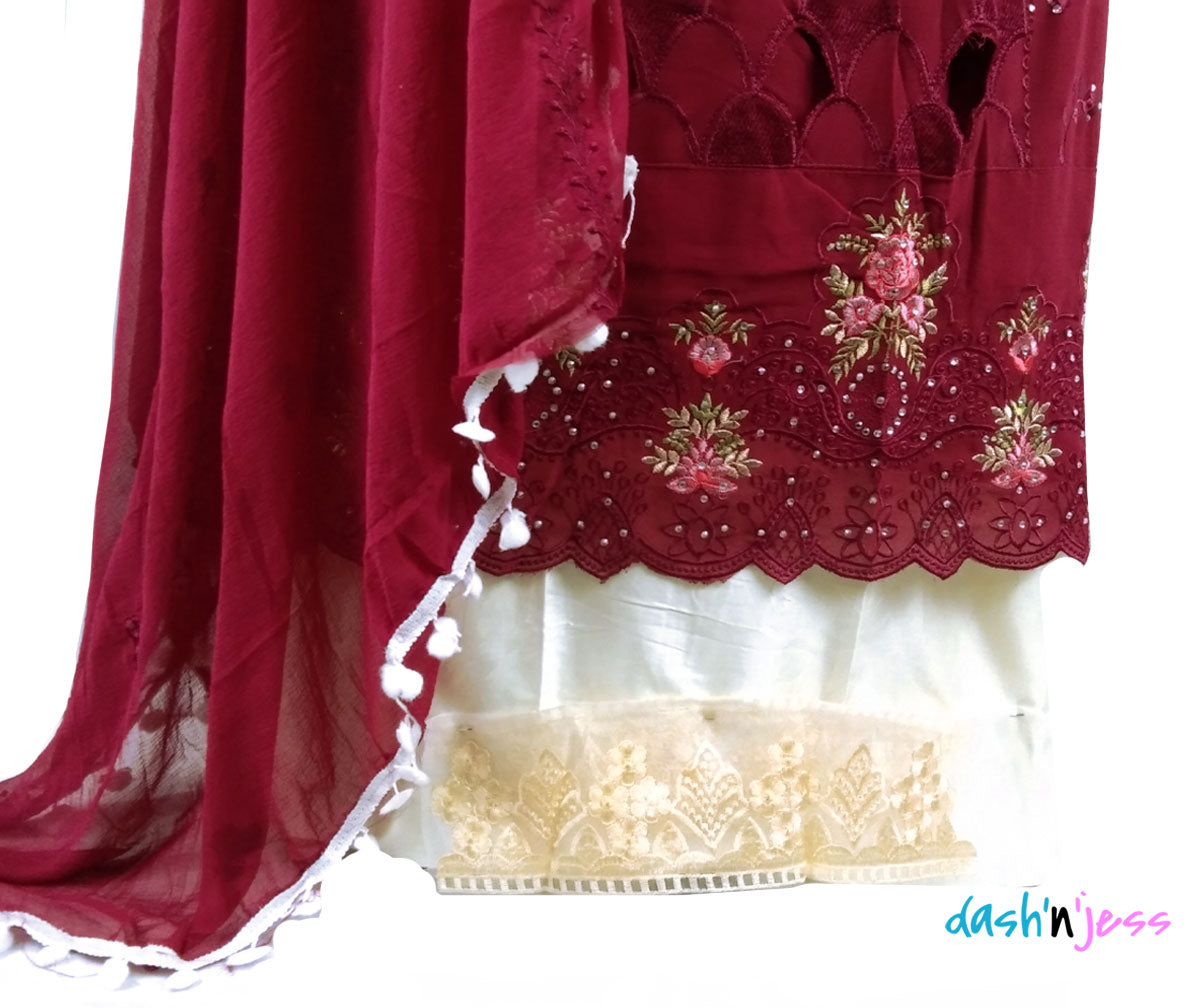 Wine Red Embroidered Floral, Georgette Salwar Suit (Semi-Stitched )