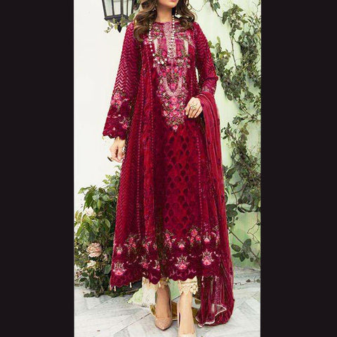 Wine Red Embroidered Floral, Georgette Salwar Suit (Semi-Stitched )