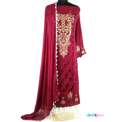Wine Red Embroidered Floral, Georgette Salwar Suit (Semi-Stitched ) DNJ-WAP-28
