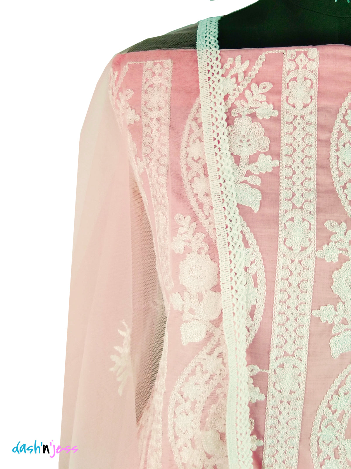 Pink Embroidered Floral, Cotton Salwar Suit (Semi-Stitched )