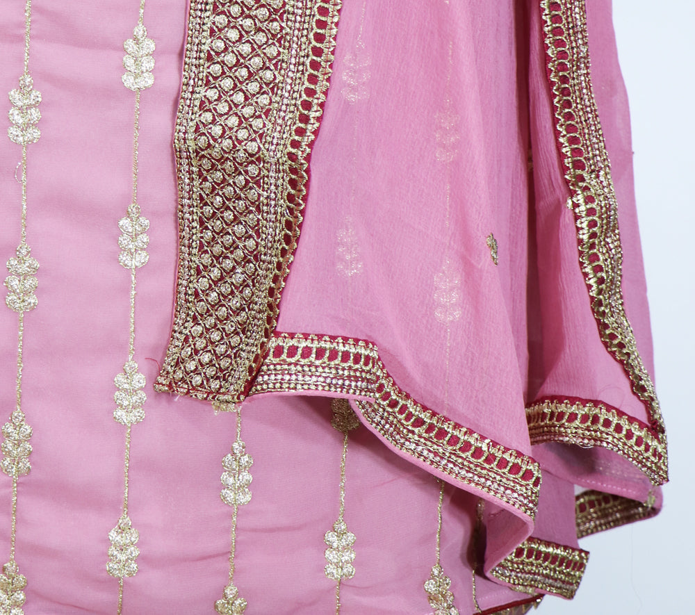 Flamingo Pink n Maroon, Georgette  Palazzo Salwar Suit (Semi-Stitched)