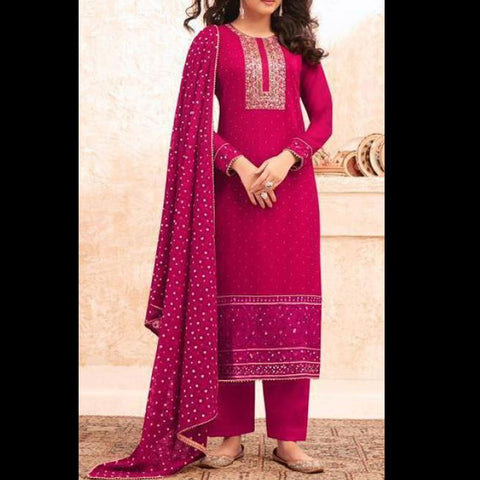 Wine Red and Gold Embroidered, Georgette Salwar Suit (Semi-Stitched )