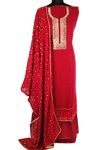 Wine Red and Gold Embroidered, Georgette Salwar Suit (Semi-Stitched )