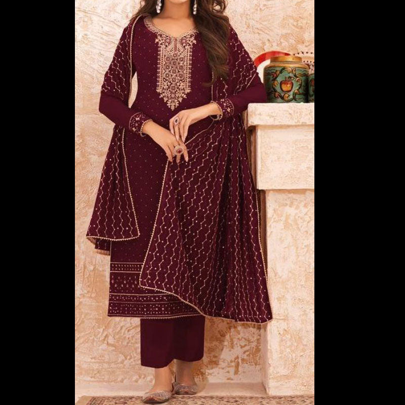 Maroon and Gold Embroidered, Georgette Salwar Suit (Semi-Stitched )