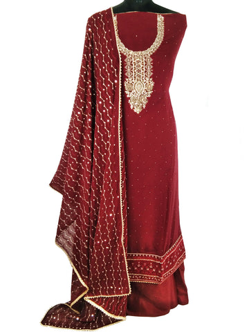 Maroon and Gold Embroidered, Georgette Salwar Suit (Semi-Stitched )