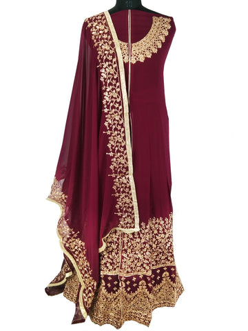 Maroon & Gold, Georgette Embroidered Ethnic Anarkali Gown ( Semi-Stitched) DNJ-WAP-38