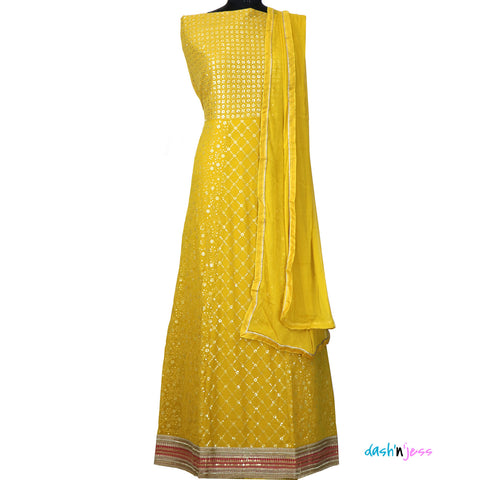 Tuscan Yellow n Sequin, Georgette Anarkali Ethnic Gown ( Semi-Stitched) DNJ-WAP-4