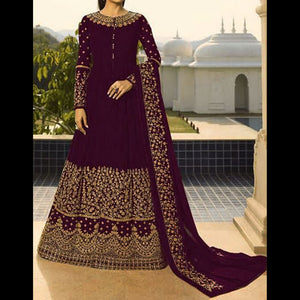 Wine Red & Gold, Georgette Embroidered Ethnic Anarkali Gown ( Semi-Stitched) DNJ-WAP-40