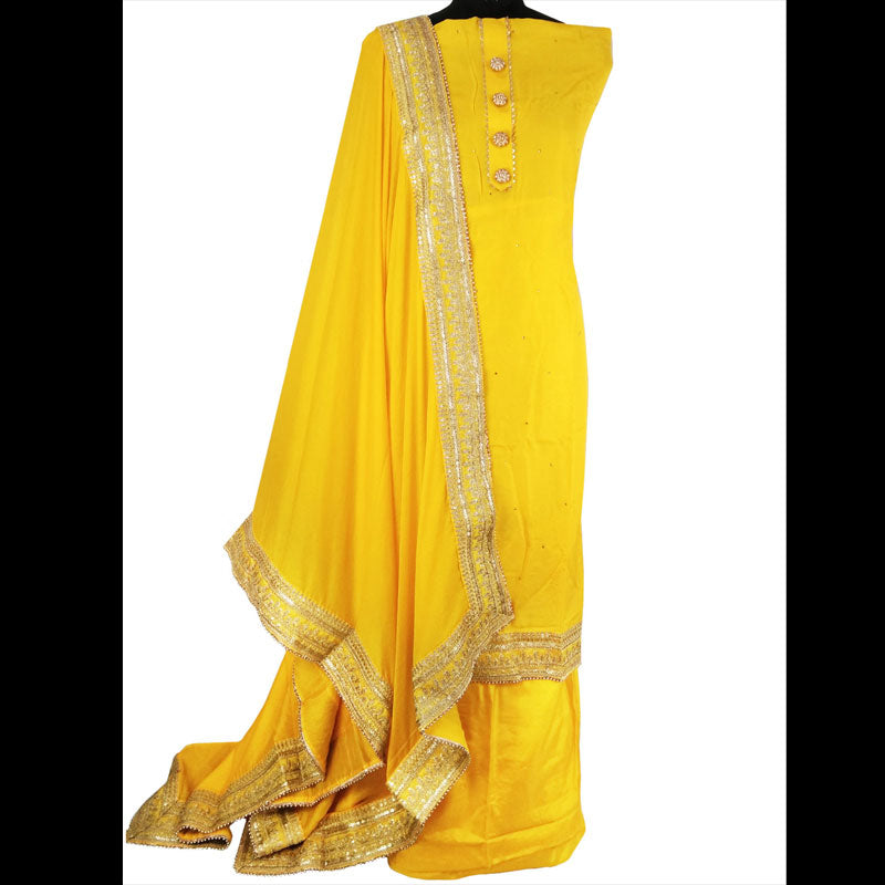 Bright Yellow n Gold, Silk Salwar Suit (Semi-Stitched) DNJ-WAP-42