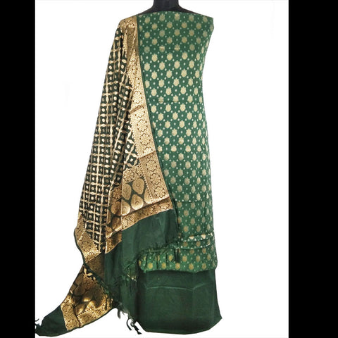 Dark Green n Gold, Silk Salwar Suit (Semi-Stitched) DNJ-WAP-43
