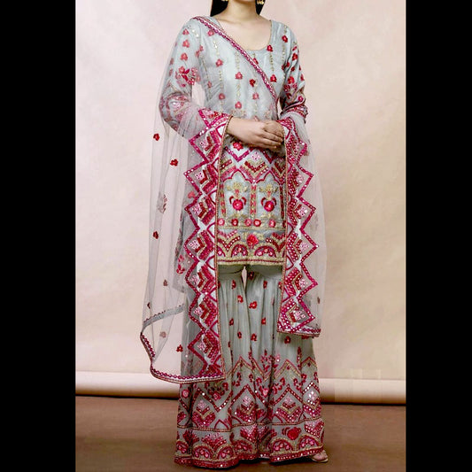 Green n Pink, Silk Embroidered Salwar Suit (Semi-Stitched)