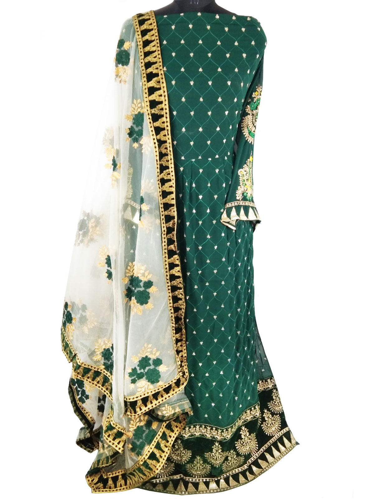 Green & White Embroidered Floral, Georgette Anarkali Gown (Semi-Stitched )