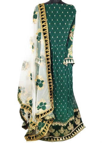Green & White Embroidered Floral, Georgette Anarkali Gown (Semi-Stitched )