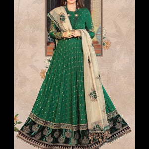 Green & White Embroidered Floral, Georgette Anarkali Gown (Semi-Stitched ) DNJ-WAP-51