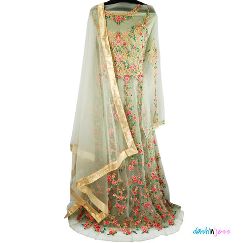 Pista Green, Net n Satin Embroidered Anarkali Ethnic Salwar Suit / Gown ( Semi-Stitched) DNJ-WAP-6