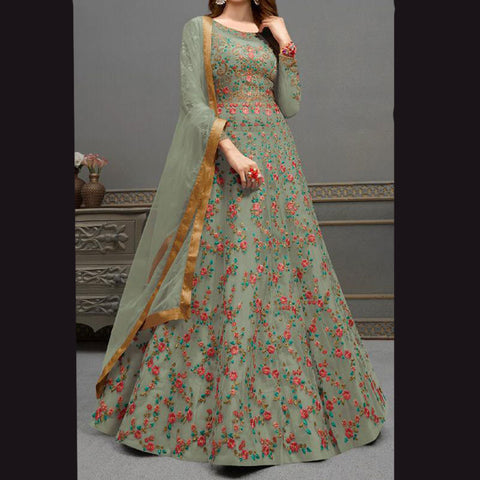 Pista Green, Net n Satin Embroidered Anarkali Ethnic Salwar Suit / Gown ( Semi-Stitched) DNJ-WAP-6